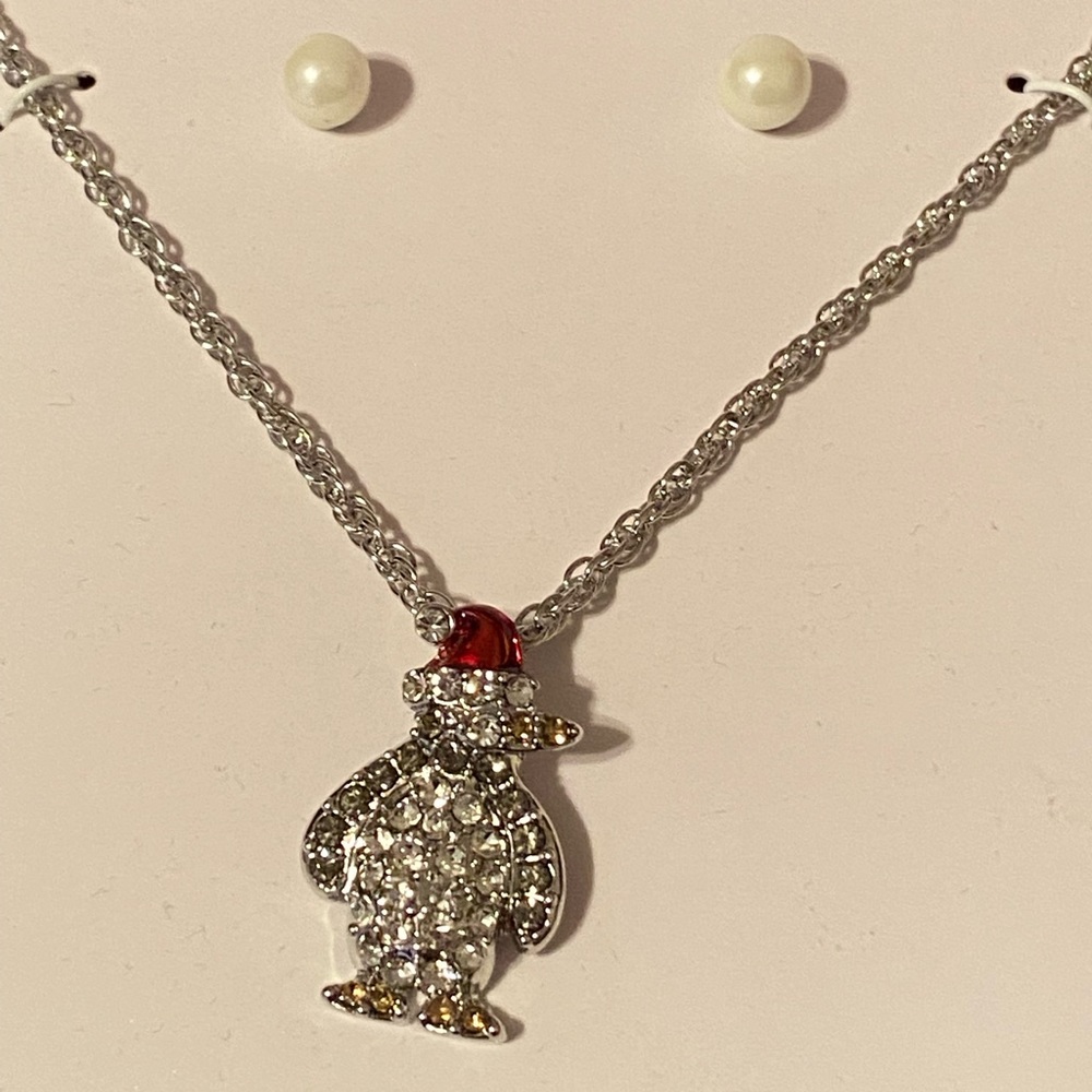 Charter Club Silver Christmas Penguin Pendant Necklace  Stud Earrings Set